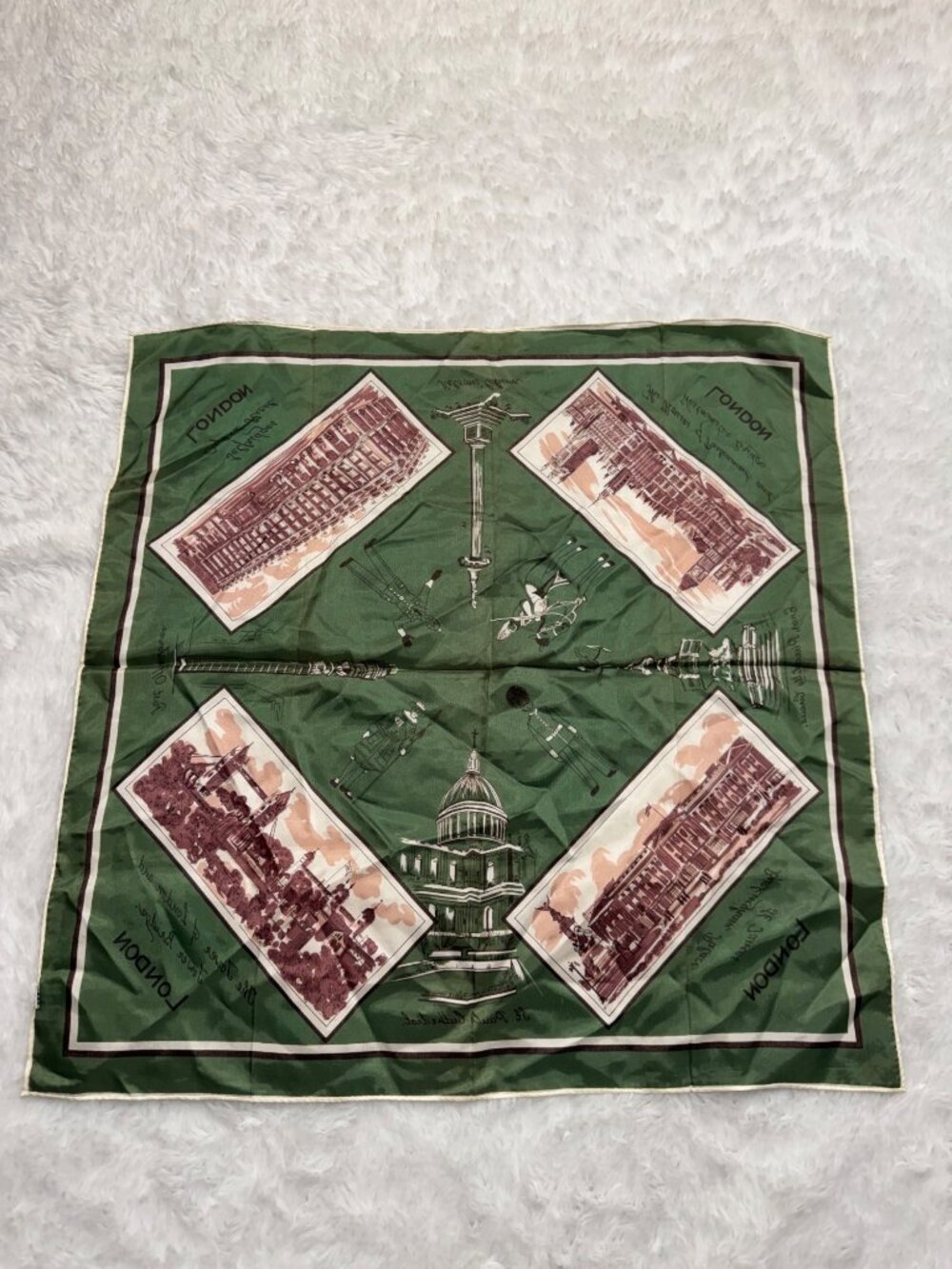 Vintage London Scarf Green Selfridges Tourist Landmark Made in Japan Satin Aceta - Picture 8 of 12